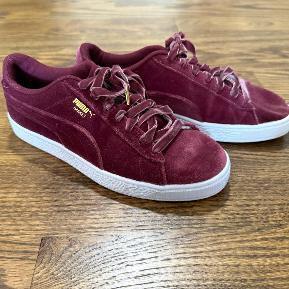 Puma Maroon Purple Basket Classic Velvet Sneakers with White Soles